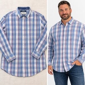 Tommy Bahama Mens XXL Blue Plaid Cotton Silk Blend Long Sleeve Button Up Shirt